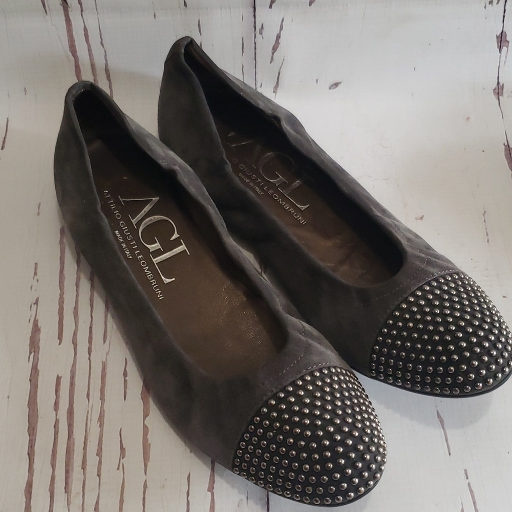AGL gray suede toe cap metal studed  ballet flats